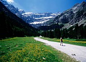 Frau, die einen Pfad in Richtung Berge hinuntergeht