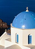 Church With Blue Dome On Cliff, Elevated View, Close Up