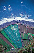 Patchwork-Felder an der Küste, Luftaufnahme