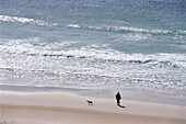 Man Walking Dog Along The Beach, High Angle View