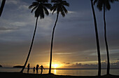 Menschen unter Palmen in der Abenddämmerung am Strand an der Westküste