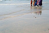 Fünf Frauen in bunten Saris am Strand, Goa