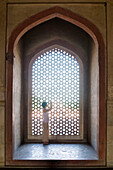 Tourist Taking Photographs Next To Stone Grill In Humayun's Tomb