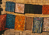 Pieces Of Fabric Hanging In Market, Close Up
