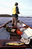 Mann fischt in einem Ruderboot nach wilden Bachforellen