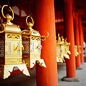 Goldene Laternen hängen am Kasuga Taisha-Schrein
