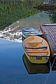 Kiefern und Berge spiegeln sich im See neben den Ruderbooten