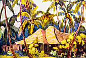 C.1938, Shirley Russell Art, Hawaii-Hütte in einem üppigen Tal mit Palmen.