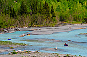 Pack Rafters Floating Down Eagle River In Chugach State Park, Southcentral Alaska, Summer