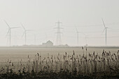 Misty morning at the little cheyne court wind farm at romney marsh; Kent east sussex england