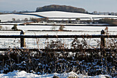 Fields covered in snow in winter; North Devon England