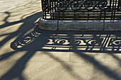 Ornate Railing And It's Shadow Cast On The Concrete Pathway; Paris, France