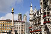 Frauenkirche In Marienplatz, With The Marian Column; Munich, Bayern, Germany