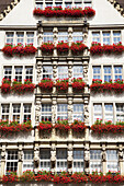Fassade eines mit roten Blumen geschmückten Gebäudes unter jedem Fenster; München, Bayern, Deutschland