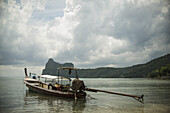 Ein Fischerboot sitzt in der Hauptbucht der Insel Koh Phi Phi in der Andamanensee; Thailand