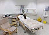 The intensive care or high dependency unit of a children's ward in hospital, a family room bed, yellow bag and shoes. Tartu University hospital.
