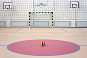 A school sports hall with a marked indoor football pitch, goal and basketball hoops, a striped blue and yellow ball in a pink circle. 