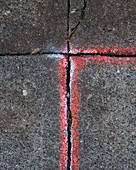 Ein Riss zwischen mit einer weißen Linie bemalten Gehwegplatten auf einem Betongehweg. 