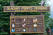 Schild am Moreno-Gletscher, Los Glaciares-Nationalpark; Provinz Santa Cruz, Argentinien