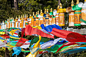 Bhutan, Paro. Bunte Gebetsmühlen und Fahnen entlang des Wanderwegs zum Tigernest-Kloster, einer der heiligsten religiösen Stätten in Bhutan.