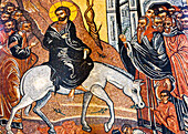 Jesus Christus Palmsonntag Esel Mosaik Saint George's Greek Orthodox Church, Madaba, Jordanien. Die Kirche wurde in den späten 1800er Jahren errichtet und beherbergt viele berühmte Mosaike.