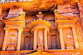 Siq, Petra, Jordan. Treasury built by the Nabataens in 100 BC. Yellow Canyon becomes rose red when sun goes.