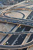 UAE, Downtown Dubai. Sheik Zayed Road interchange, elevated view