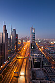 UAE, Downtown Dubai. High-rise buildings along Sheikh Zayed Road, elevated view
