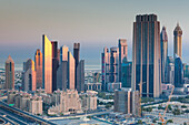 UAE, Downtown Dubai. Elevated view of skyscrapers on Sheikh Zayed Road from downtown