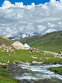 Landscape with Yurt at the Otmok mountain pass in the Tien Shan or heavenly mountains, Kyrgyzstan