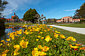 Blumen, Badehaus (Rotorua Museum) und Blaue Bäder, Government Gardens, Rotorua, Nordinsel, Neuseeland
