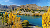 Lake Aviemore, autumn color, and camp ground, Waitaki Valley, North Otago, South Island, New Zealand