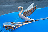 Close-up a swan hood ornament on a classic blue American car in Vieja, old Habana, Havana, Cuba.