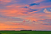Kanada, Manitoba, Dugald. Wolken bei Sonnenuntergang über der Prärie.