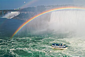 Canada, Ontario, Niagara Falls. Maid of the Mist tour boat and rainbow.