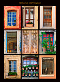 Plakat mit Fenstern, die an Gebäuden in Städten der Provence, Frankreich, aufgenommen wurden.