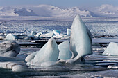 Europa, Südwestisland, Skaftafell-Nationalpark, Lagune Jokulsarlon. Das Eis des Vatnajokull-Gletschers füllt die zugefrorene Lagune.