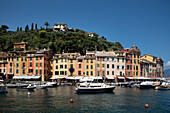 Italy, Province of Genoa, Portofino. Upscale fishing village on the Ligurian Sea, pastel buildings overlooking harbor