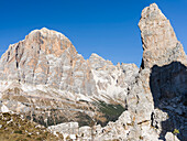 The peaks of Mount Tofane and the Cinque Torri (foreground) in the Dolomites of Cortina d'Ampezzo. The Dolomites are listed as UNESCO World Heritage. (Large format sizes available)