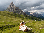 Dolomites at Passo Giau. Ra Gusela and Tofane. The Dolomites are part of the UNESCO World Heritage Site, Italy.
