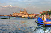 Gondola lineup in front of Church of San Giorgio Maggiore. Venice. Italy.