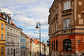 Street of homes is off the main square in Old Town Warsaw. Homes have been restored after German bombings of WWII.