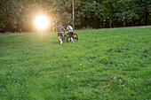 Young couple walking with bicycles in forest