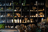 Partial view of shelves inside an interior design shop with various decoratives accesories on display