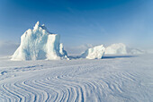 Im Meereis des Uummannaq-Fjordsystems eingefrorene Eisberge im Winter. Der Hintergrund ist die Nuussuaq-Halbinsel, Grönland, Dänemark.
