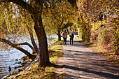 Man and woman walking in autumn park