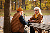 Älteres Paar am Picknicktisch im Park