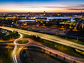 High angle view of city at evening