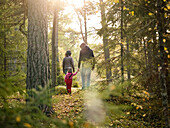 Family walking through forest