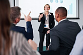 Frau hält eine Präsentation während eines Meetings